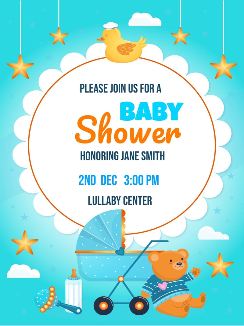 Aqua baby shower invitation with teddy bear, pram, rubber duck, and gold stars.