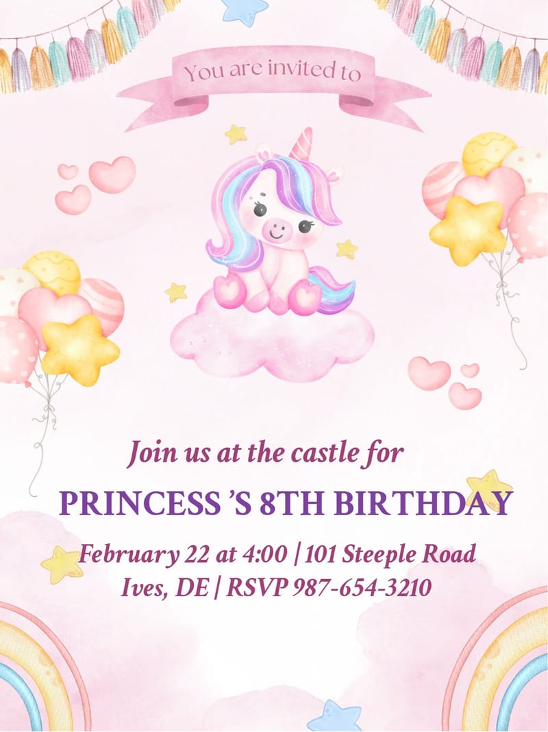 Modern nan invite â pastel unicorn birthday party invitation Template e-card design