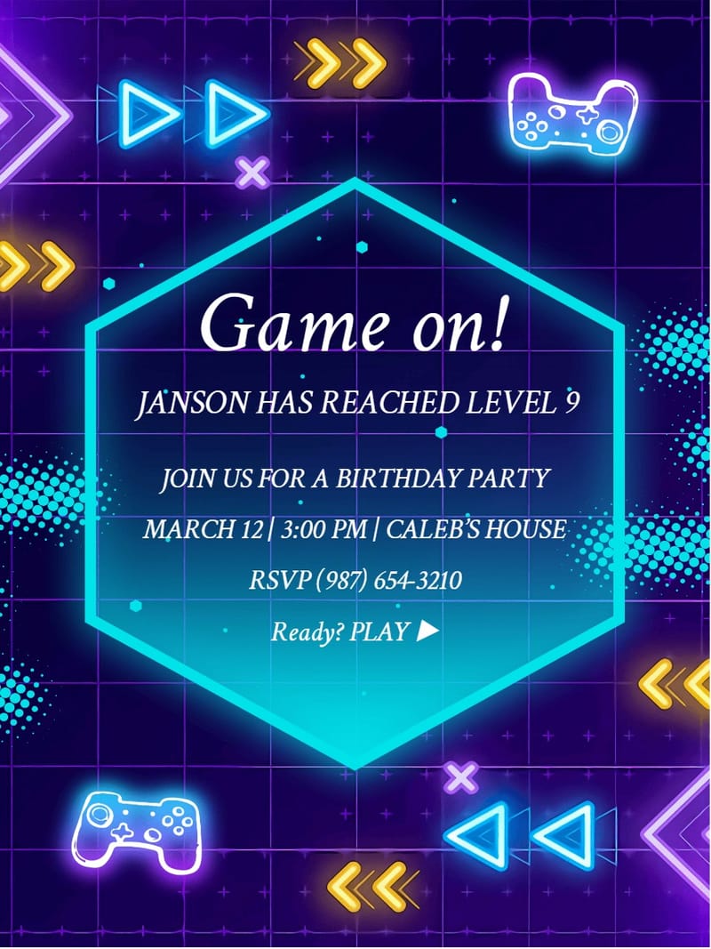Elegant digital gaming birthday invitation card â neon gaming birthday invitation Card template