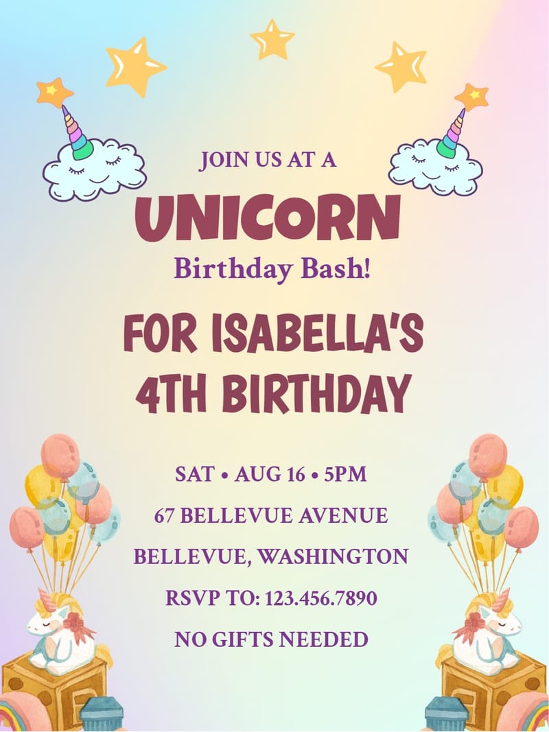 cloud unicorn birthday party invitation Card nan invitation card design for events