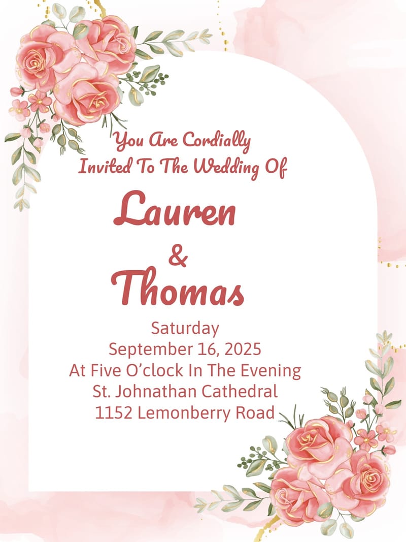 Blush pink floral wedding invitation with roses, gold accents, and arched white panel.