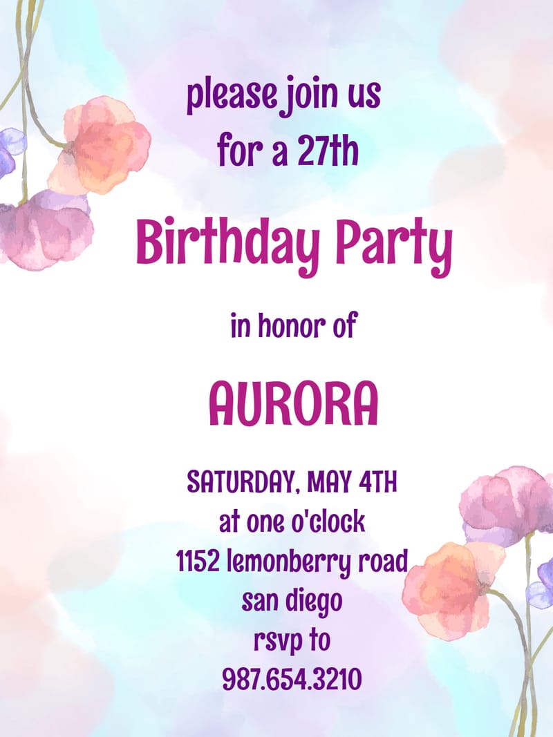 Elegant digital birthday invitation her â watercolor for her birthday Template template