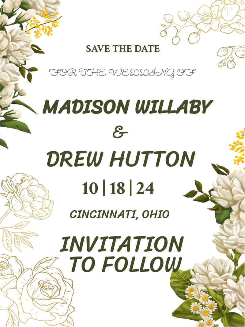 Wedding save-the-date card with white flowers, gold botanical line art, and dark-green bold text.