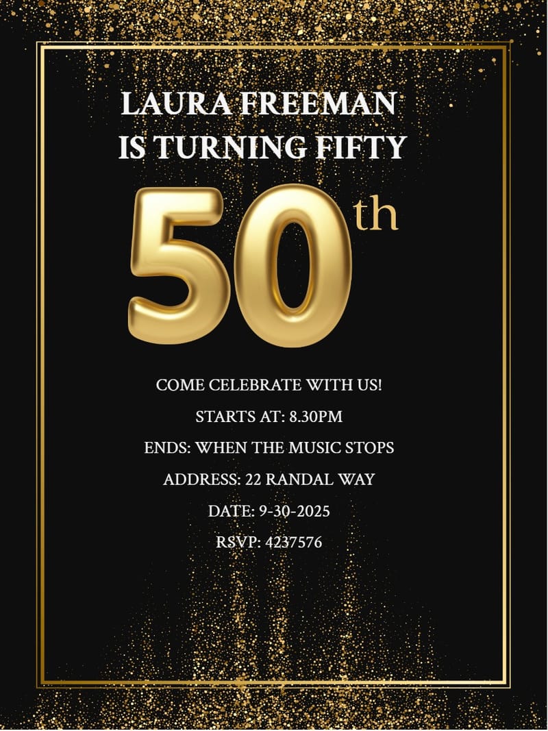Black and gold glitter 50th birthday invitation with large 3D gold numerals.