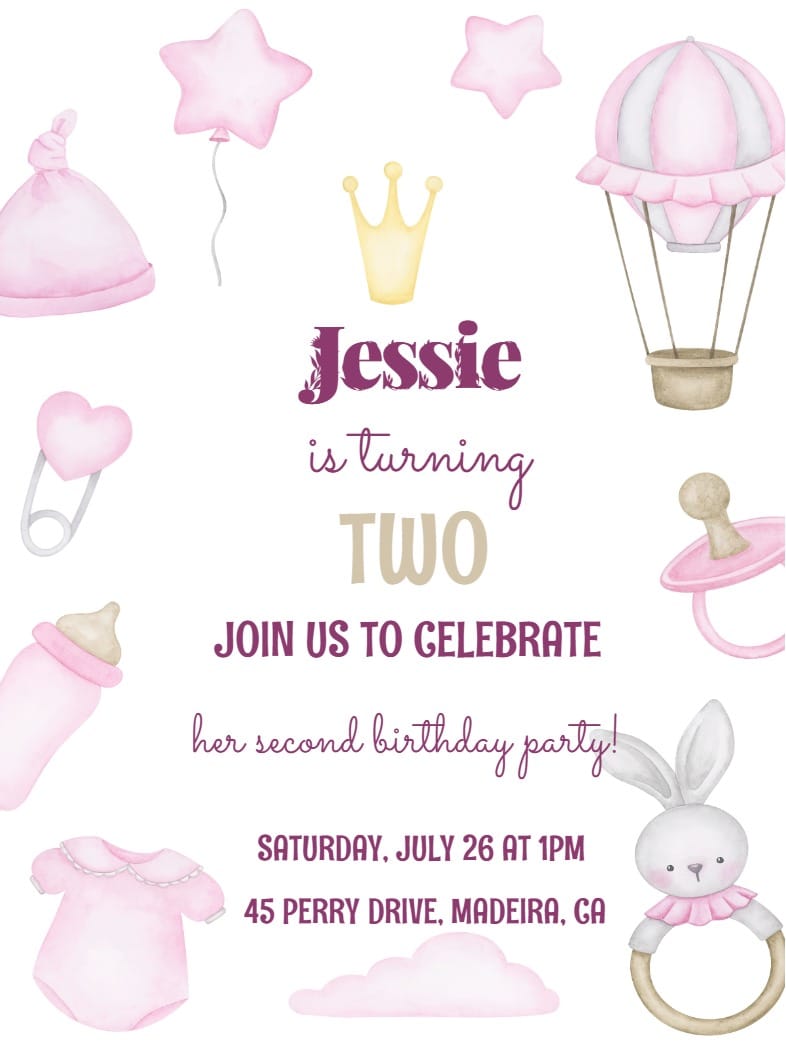 Pink watercolor baby birthday invitation with crown, balloons, bunny rattle, and onesie illustrations.