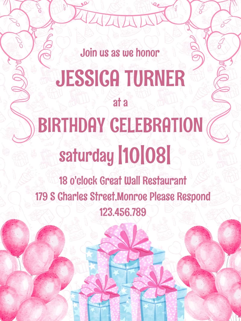 Pink birthday invitation with balloons, blue gift boxes, and banner garland decoration.
