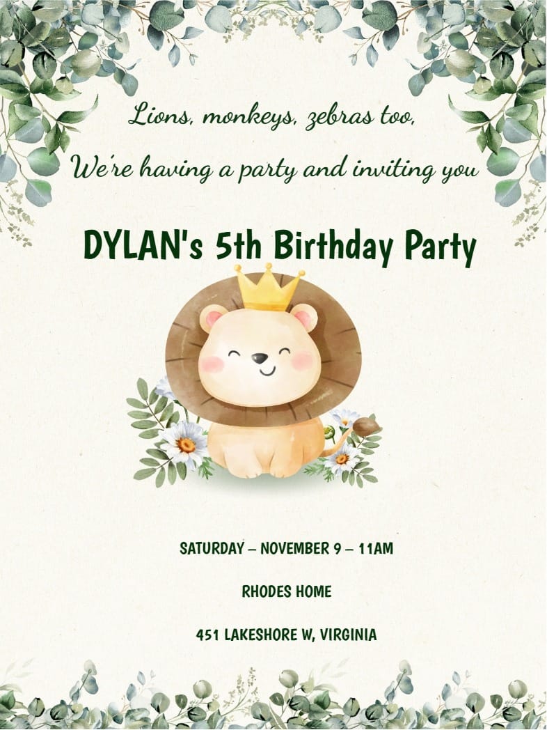 Birthday party invitation with a crowned cartoon lion, daisies, and eucalyptus leaf borders.