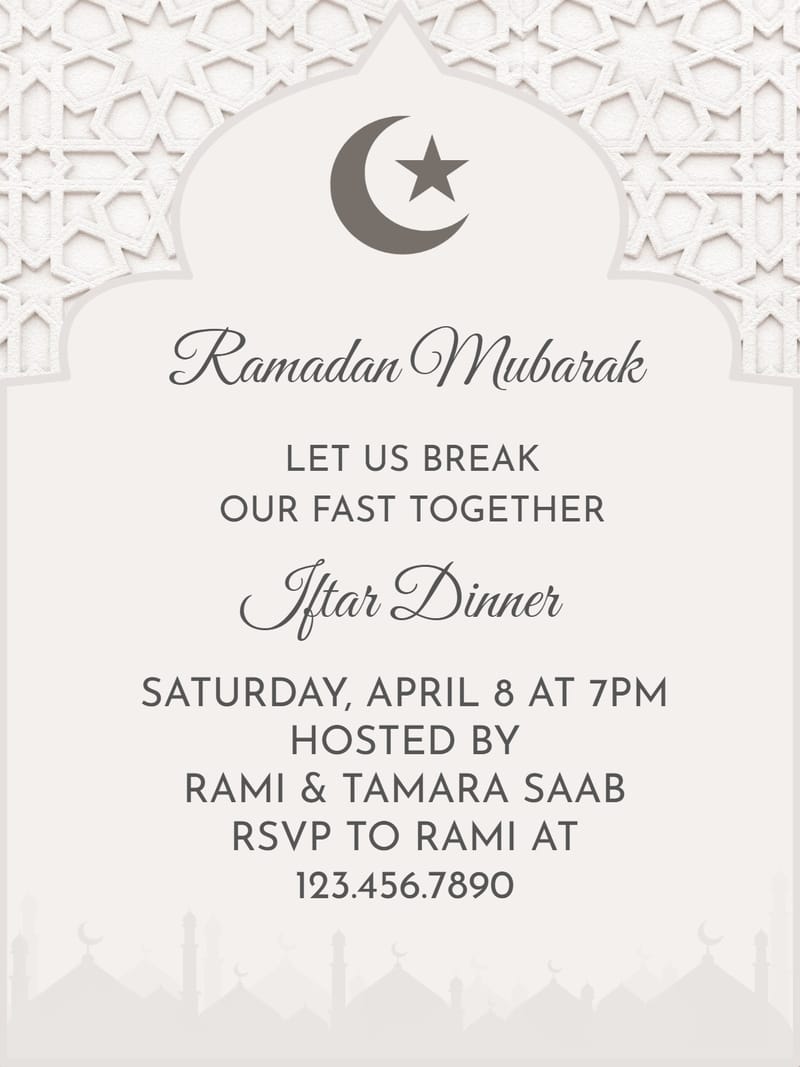 White arched Ramadan Mubarak Iftar dinner invitation with crescent moon and geometric lattice pattern.