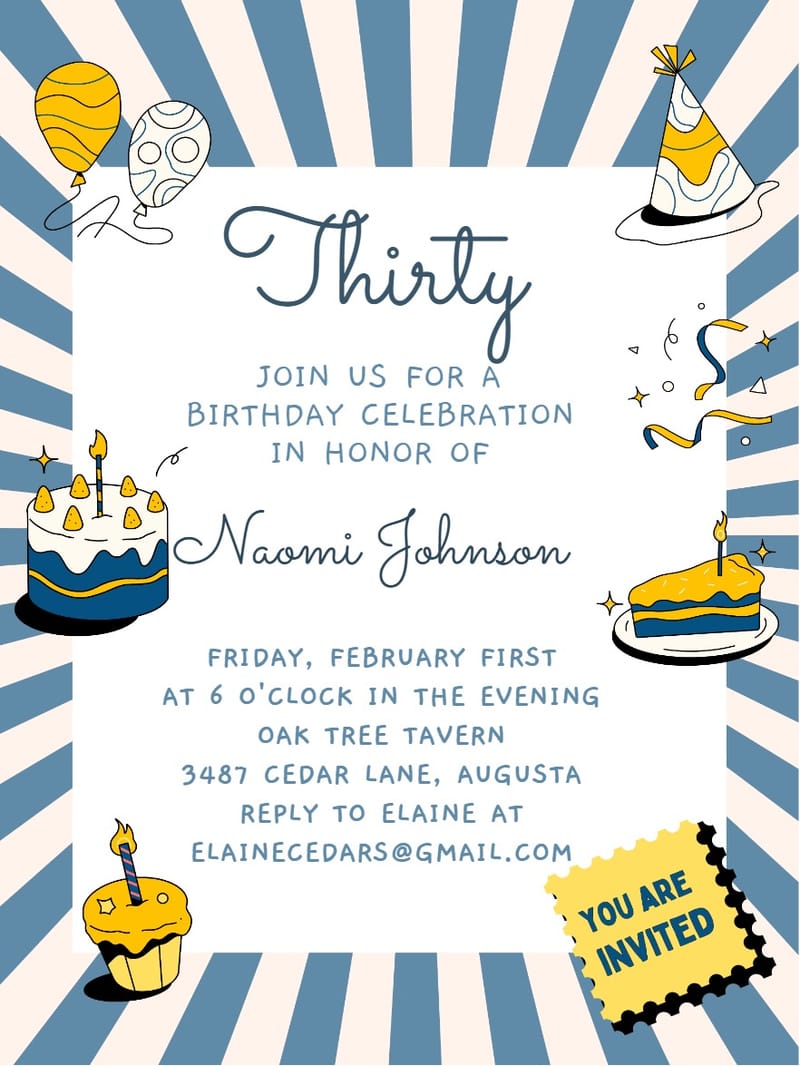 Blue sunburst birthday invitation with cake, balloons, party hat, and script text reading Thirty.