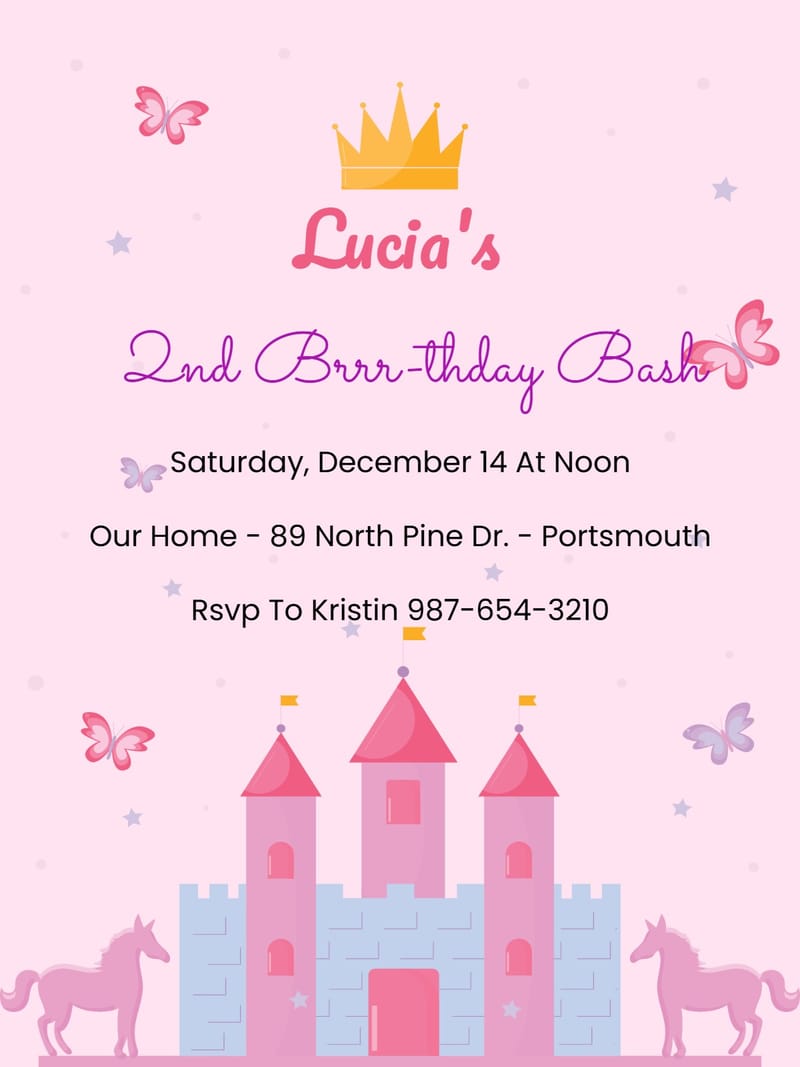 Pink princess birthday invitation with castle, unicorns, butterflies, and golden crown.
