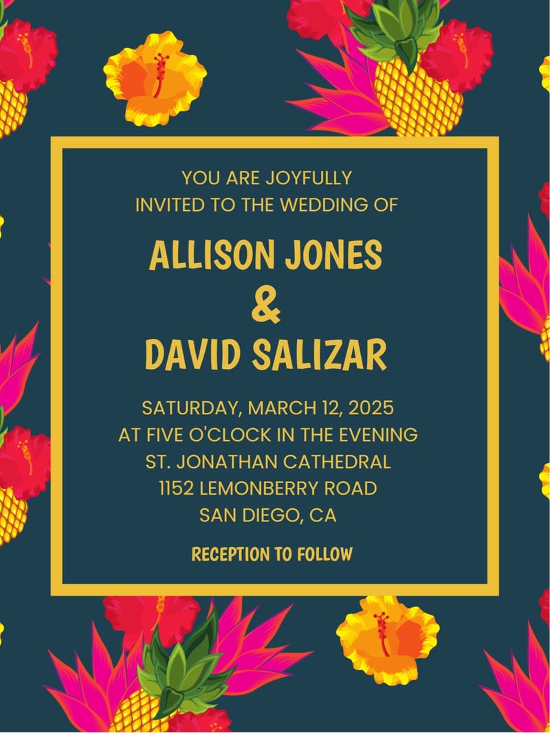 Teal wedding invitation with tropical pineapples, hibiscus flowers, and gold text.