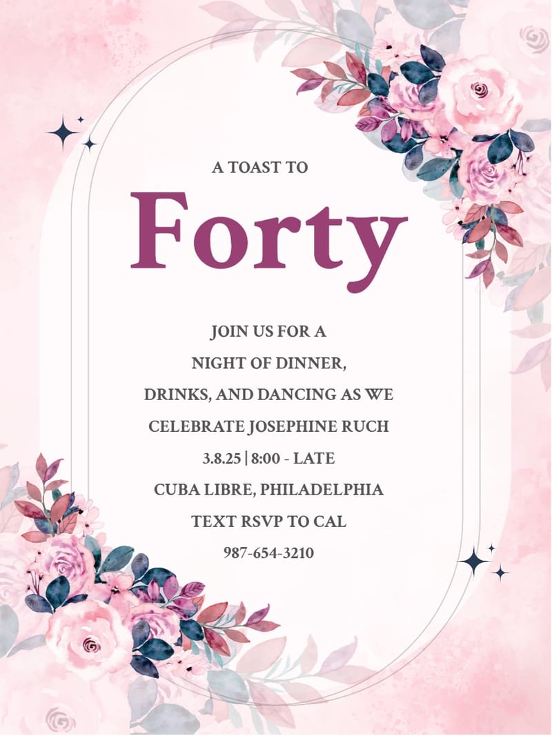 Pink floral birthday invitation with blush roses, oval border, and burgundy serif typography.