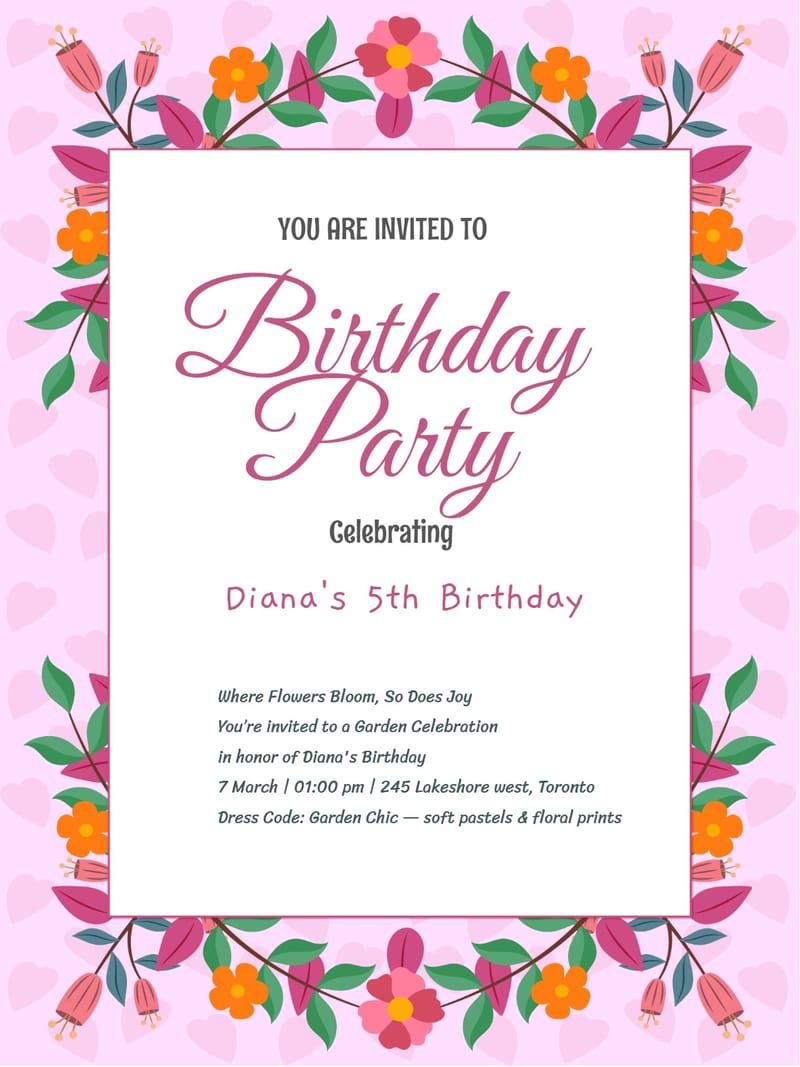 Birthday party invitation with colorful floral border, cursive pink script, and white center panel.
