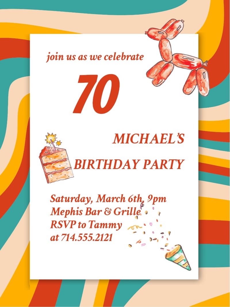 70th birthday invitation with balloon dog, cake slice, confetti popper, and swirling colorful background.