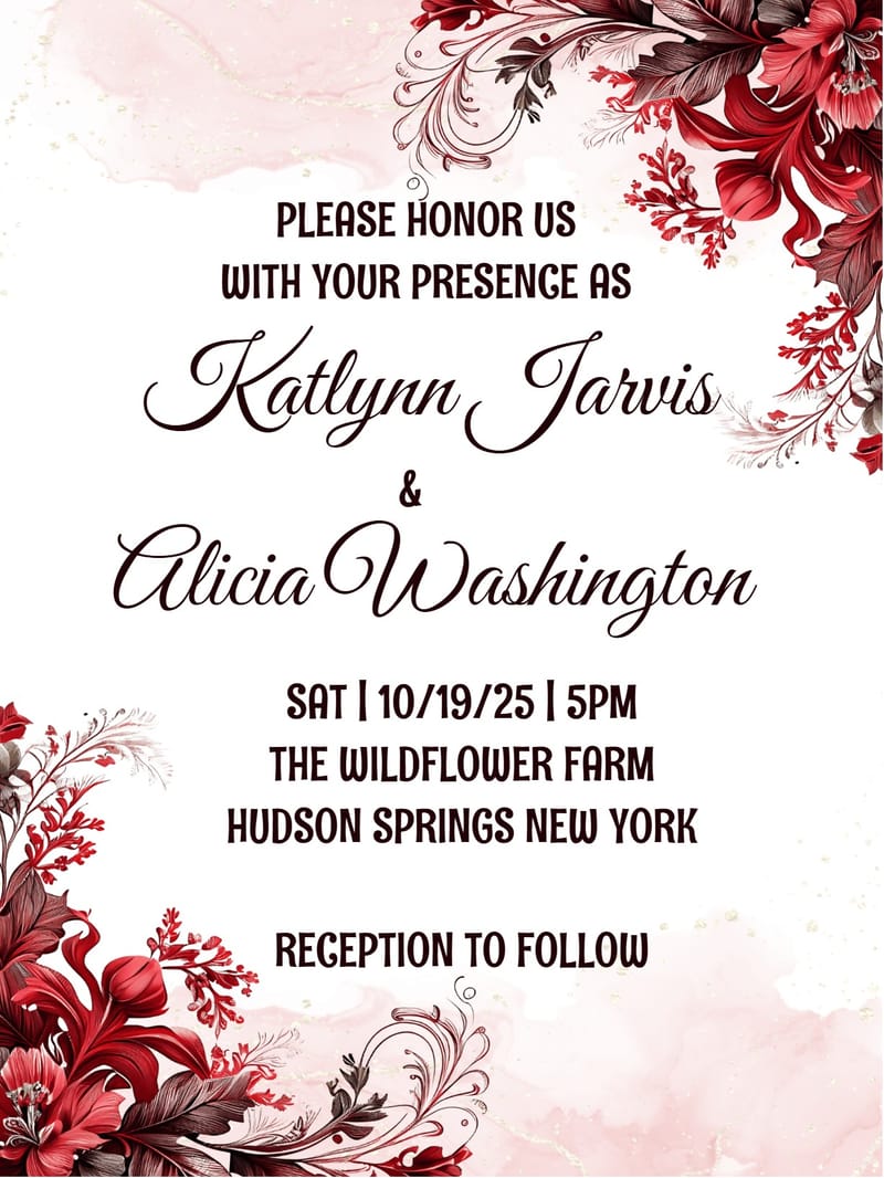 Red floral vintage wedding invitation with blush watercolor background and script typography.