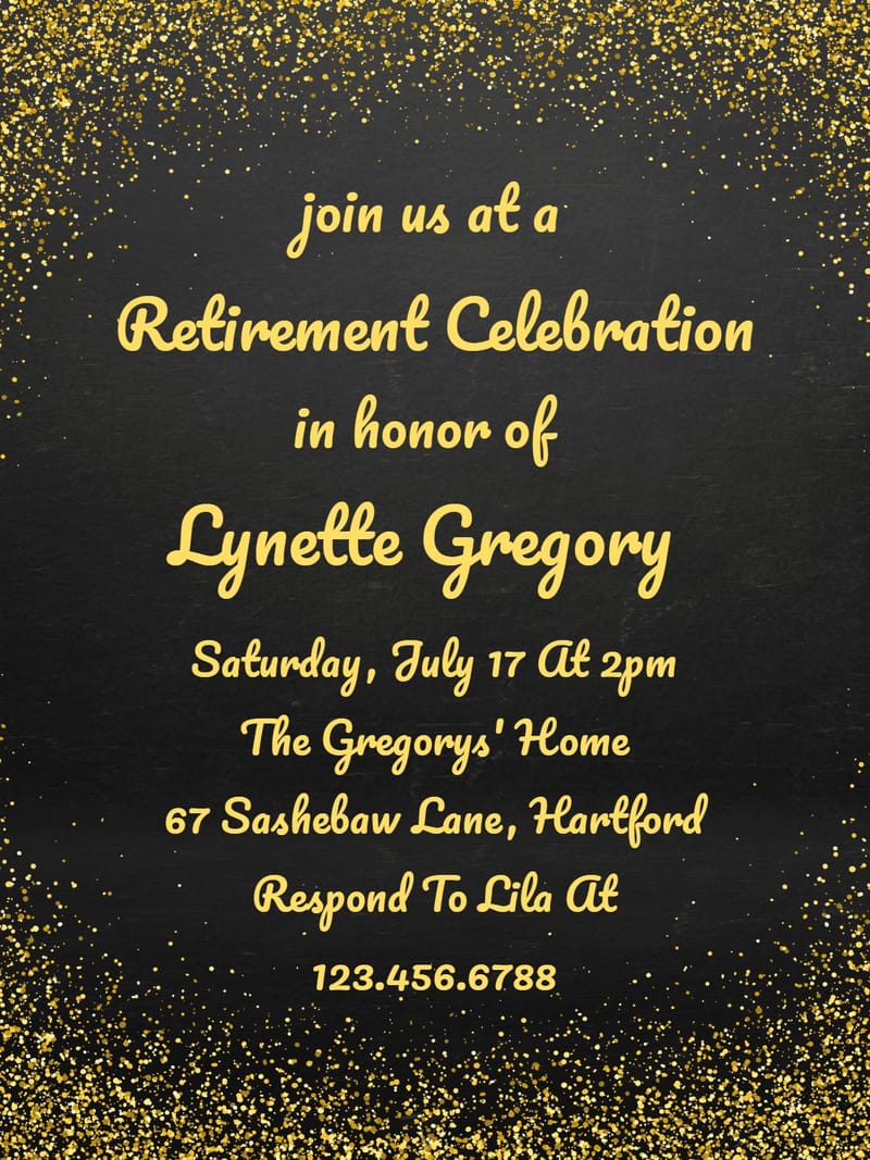 Dark charcoal invitation with gold glitter edges and yellow cursive text announcing a retirement celebration.