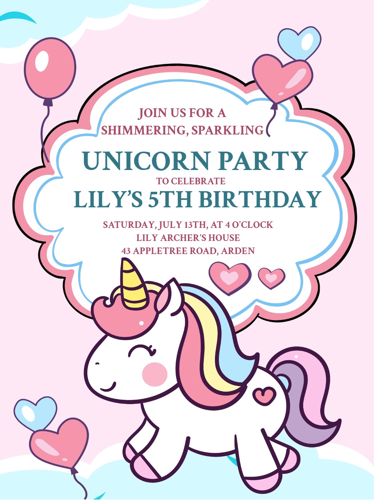 Elegant digital nan card â light unicorn birthday party invitation Template template