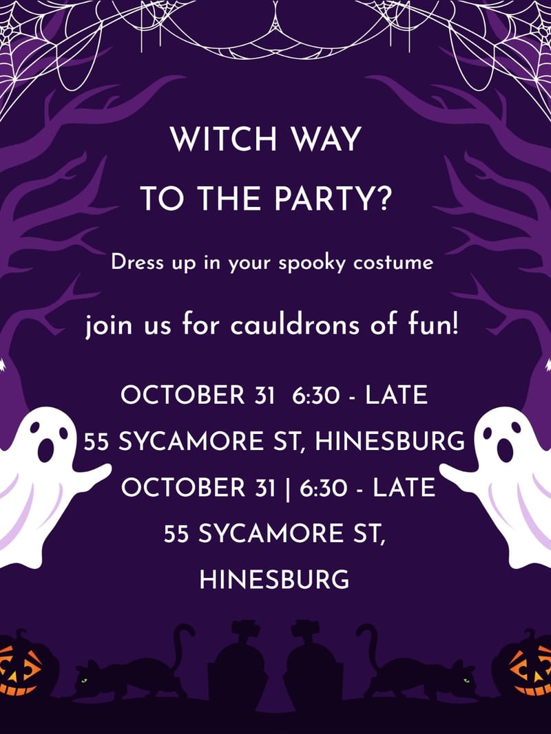 Purple Halloween invitation with ghosts, spider webs, black cats, and jack-o'-lanterns.