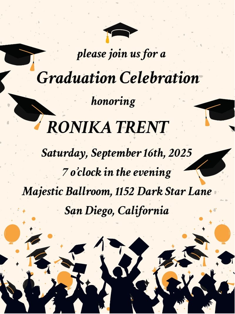 Cream graduation invitation with mortarboard illustrations and silhouette graduates tossing caps.