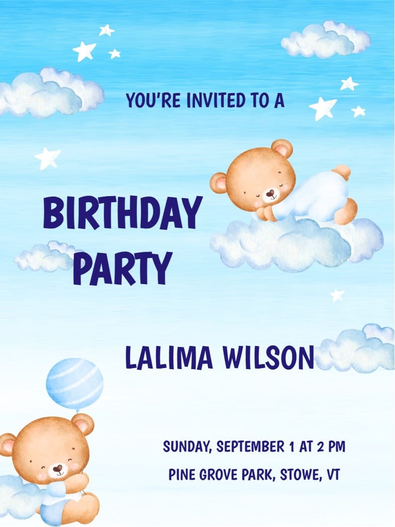 Birthday party invitation with two teddy bears, clouds, stars, and blue watercolor background.