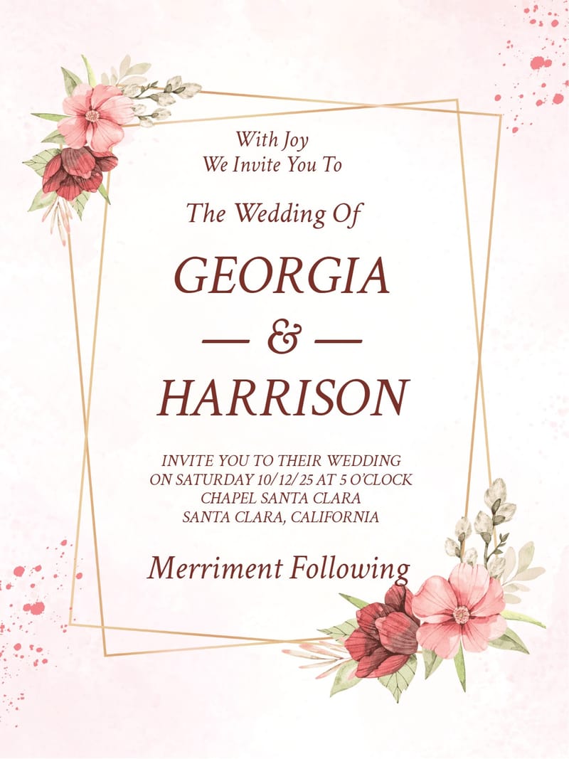Blush pink wedding invitation with watercolor florals, gold geometric frames, and bold italic typography.