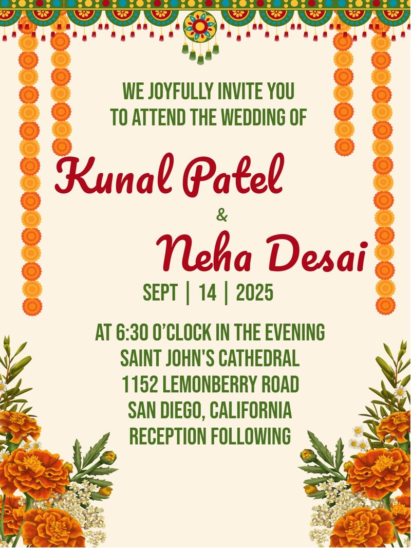 Wedding invitation with marigold garlands, teal medallion border, red script names, and orange floral corners.