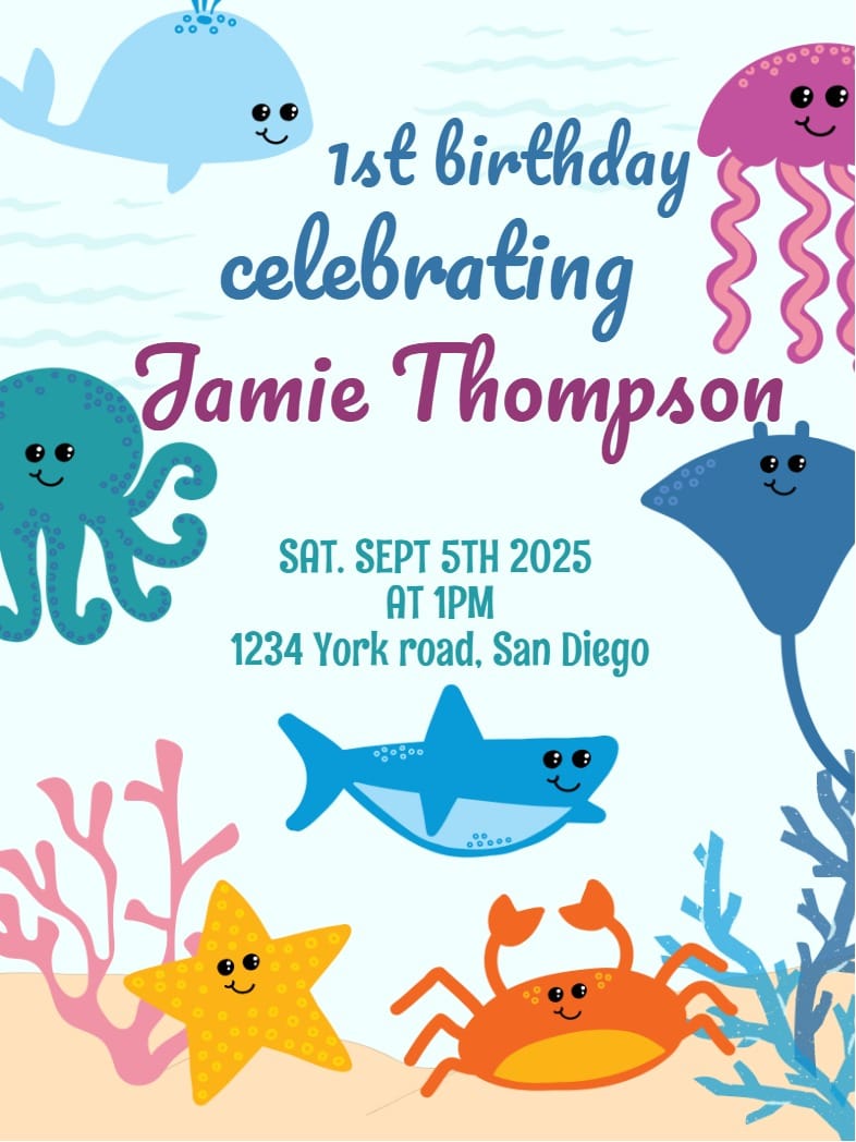 octopus 1st birthday party invitation Template 1st birthday template with stylish layout