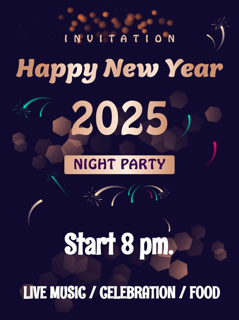Navy New Year 2025 night party invitation with fireworks, bokeh hexagons, and bold gold text.