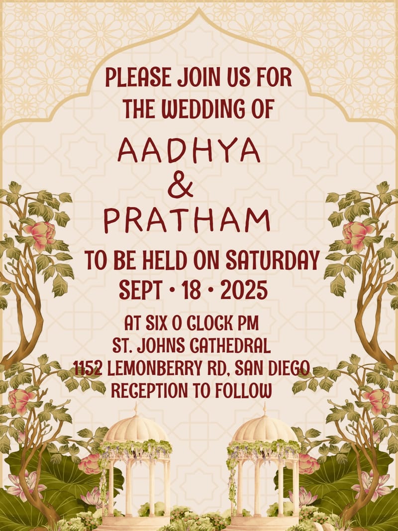 Cream wedding invitation with Mughal arch, botanical trees, pink blooms, and domed pavilions.