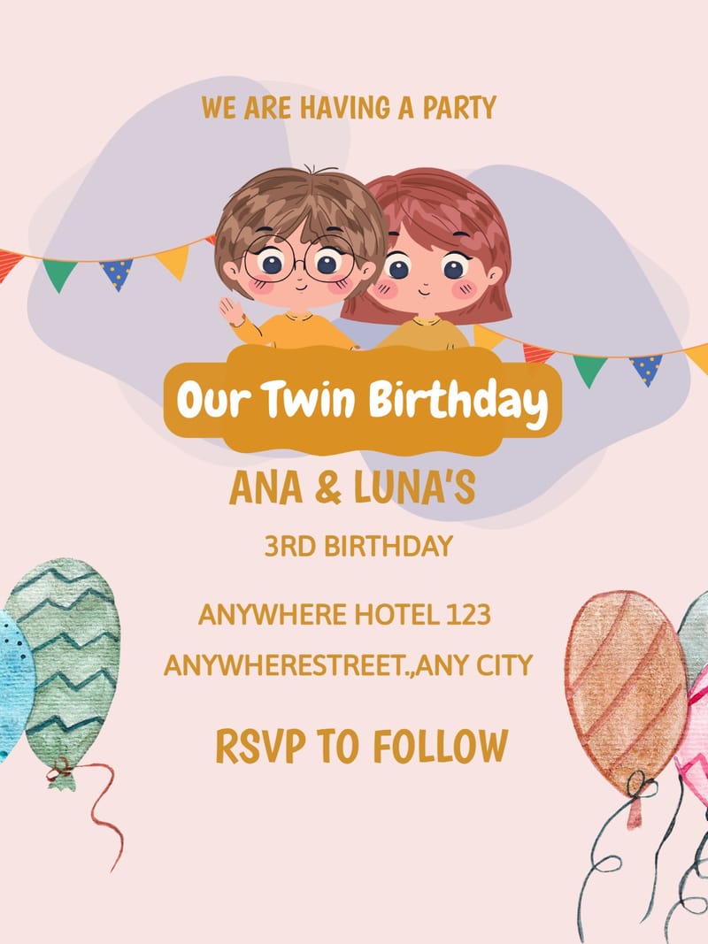 Twin birthday invitation with two cartoon children, bunting, and watercolor balloons on blush background.