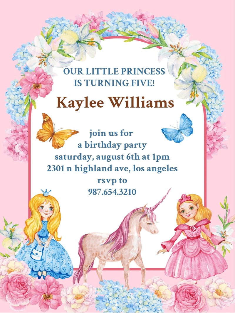 Elegant digital princess birthday card â butterfly princess birthday invitation Template template