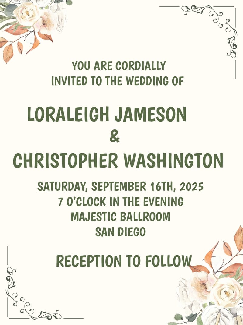 Cream wedding invitation with white roses, rust leaves, and green bold text.