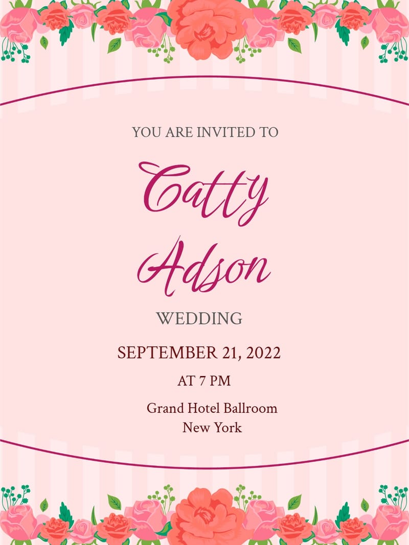 Wedding invitation with coral and pink rose borders on a soft pink striped background.
