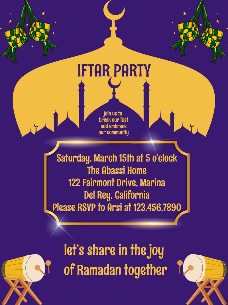 Purple Iftar party invitation with golden mosque dome, decorative ornaments, and drums.