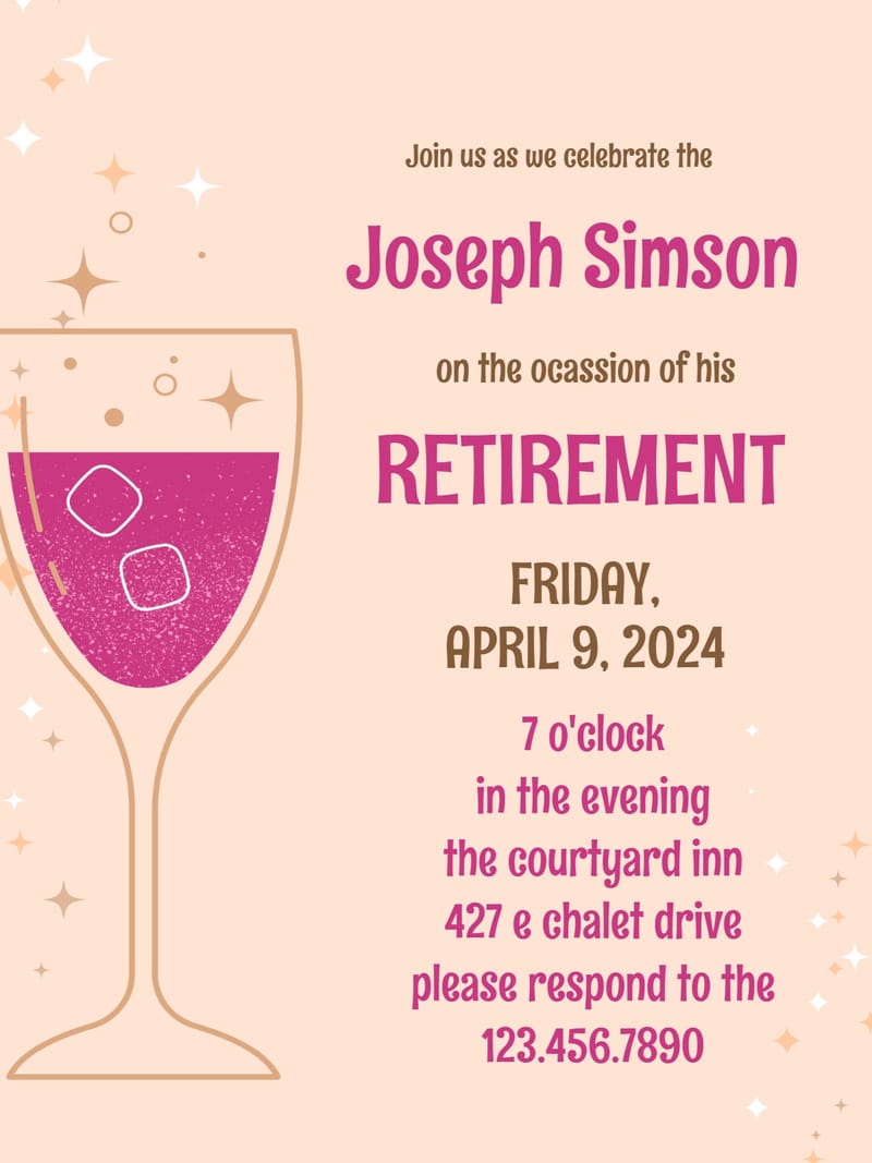 Peach invitation with pink wine glass, sparkles, and bold magenta retirement party text.