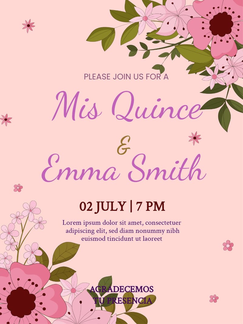 Blush pink invitation with pink floral clusters, lavender script, and bold serif event details.