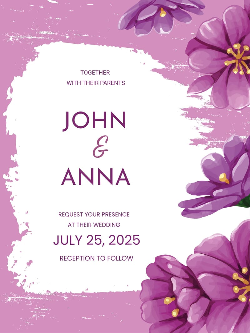 Purple floral wedding invitation with white brushstroke panel, couple names, and July 2025 date.