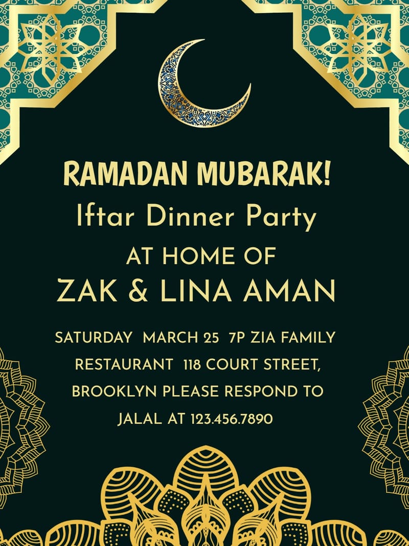 Dark green Ramadan Mubarak iftar dinner invitation with gold mandala borders and crescent moon.