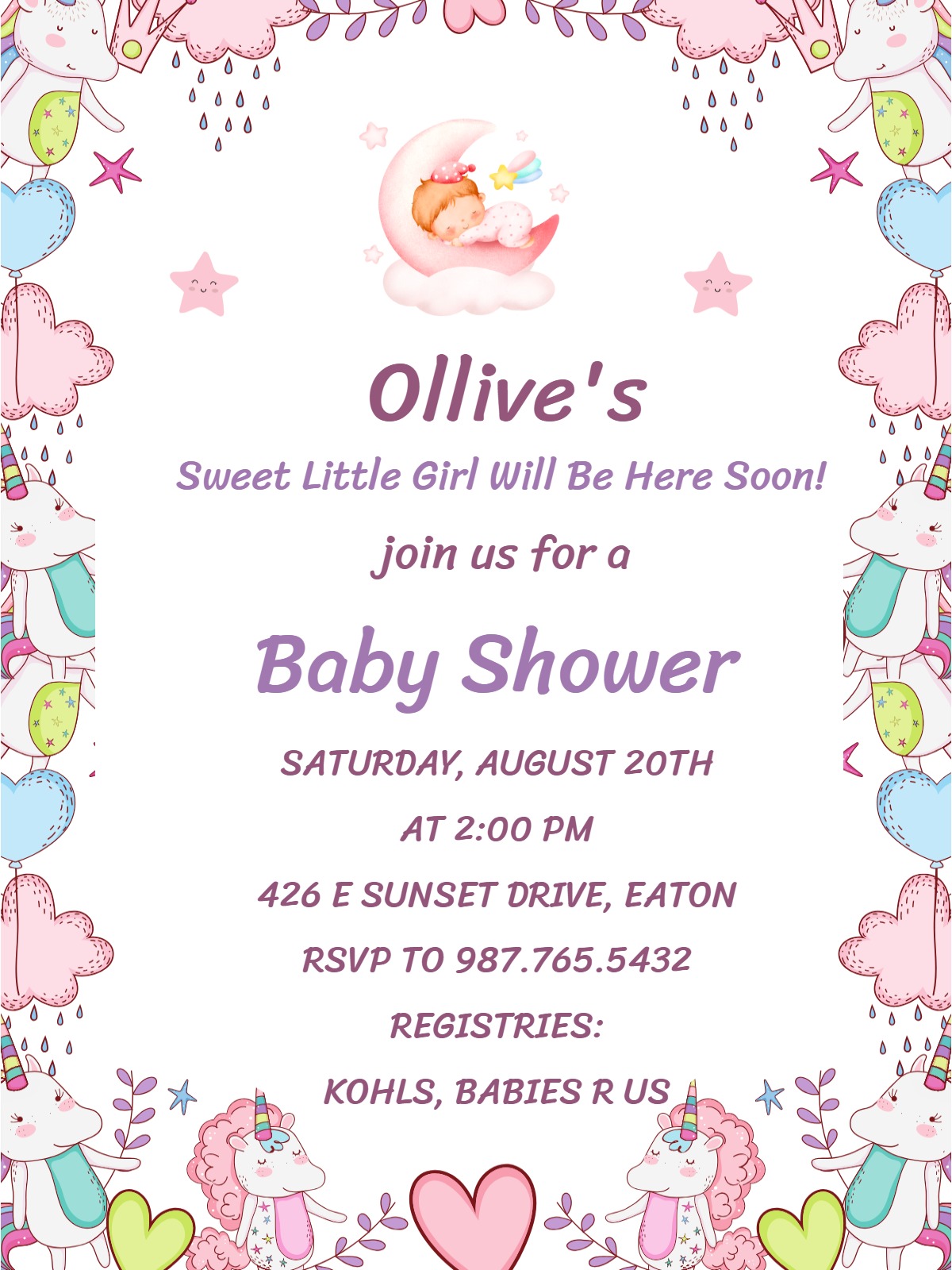 Modern baby girl shower â unicorn baby girl shower invitation E-Card e-card design