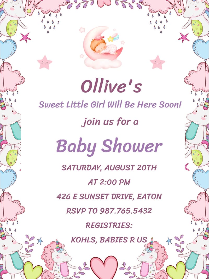 Pink unicorn-themed baby shower invitation with sleeping baby on crescent moon.