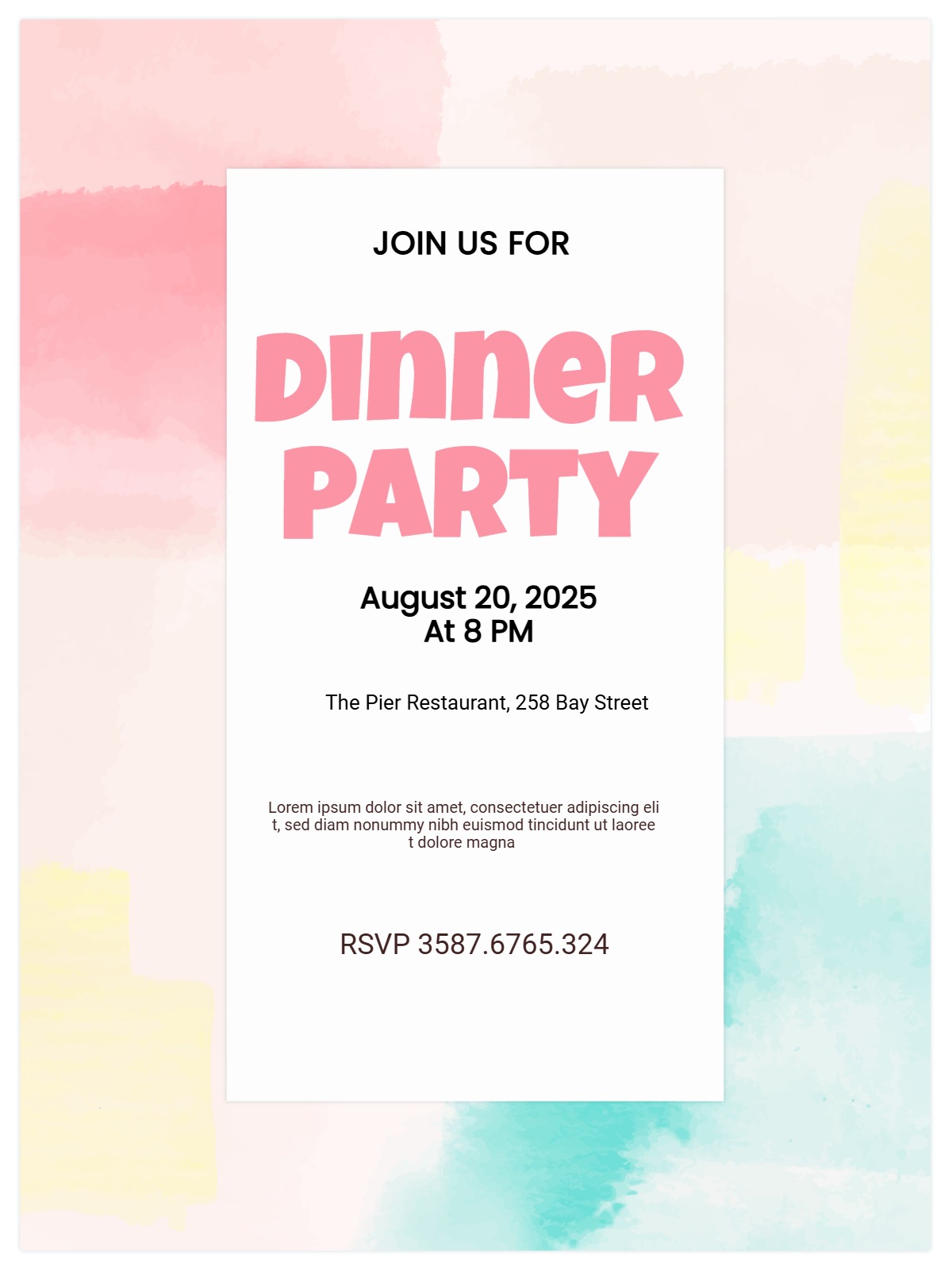 watercolor dinner party Template invitation design for events