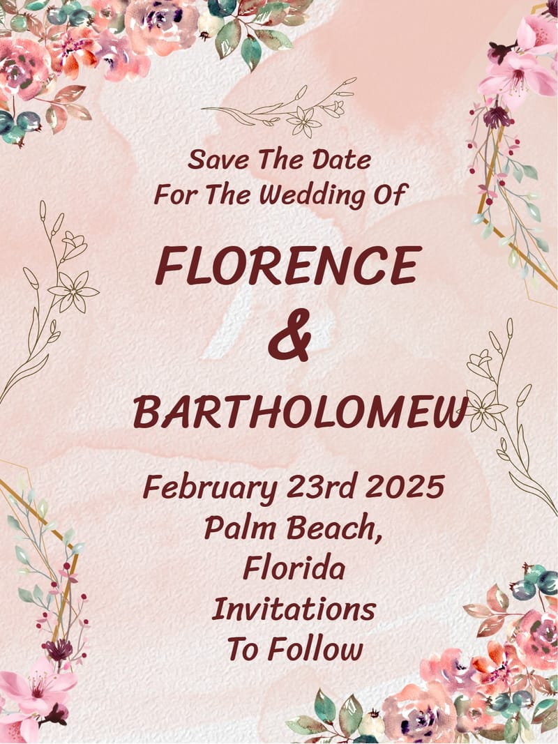Blush pink watercolor save-the-date card with pink floral corners and dark-red italic text.