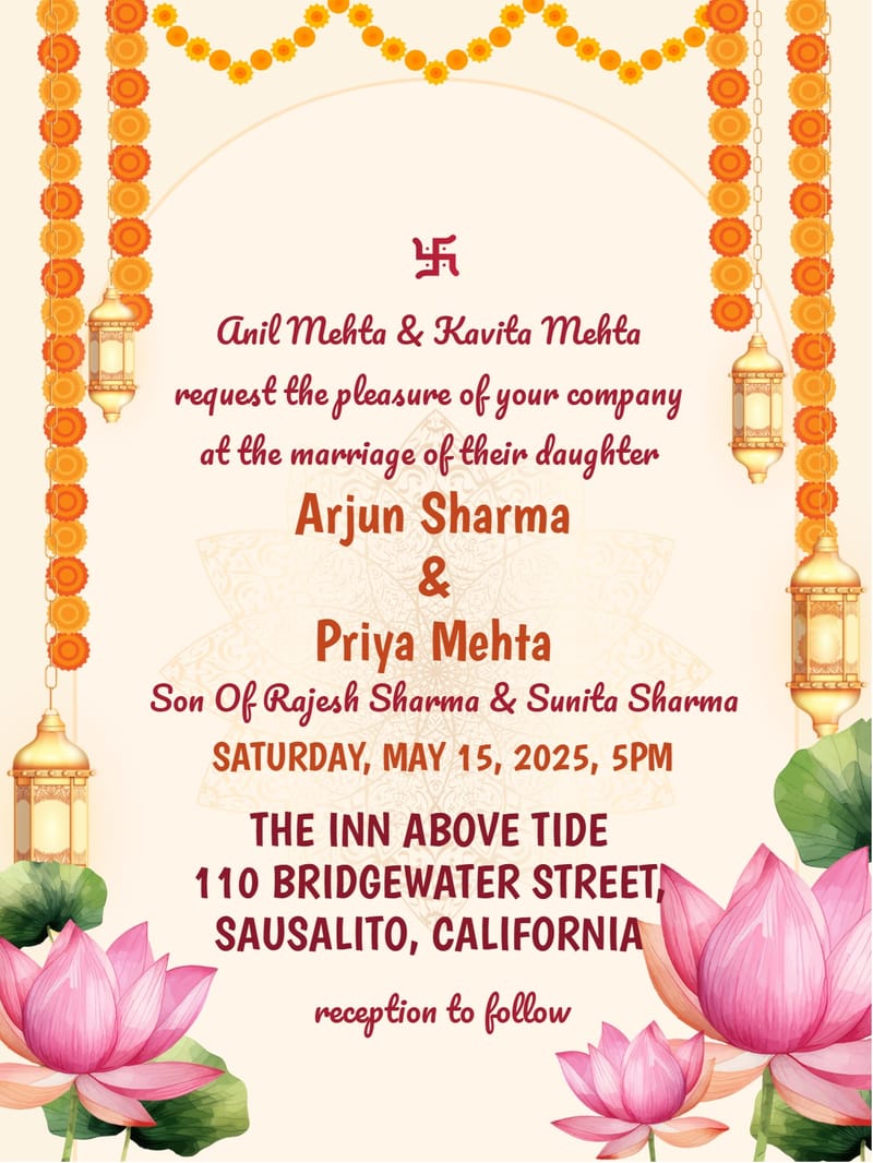 Wedding invitation with marigold garlands, gold lanterns, and pink lotus flowers on cream background.