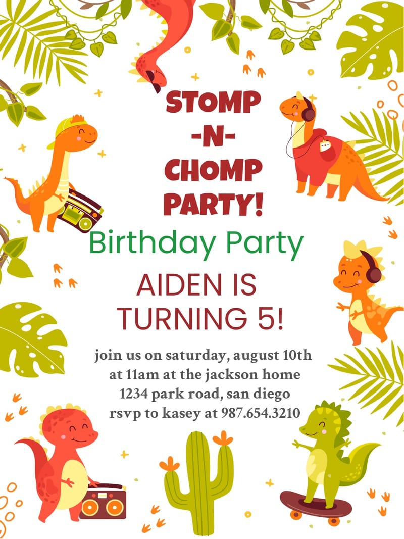 Modern dinosaur birthday invitation invite â leaf dinosaur birthday invitation Template e-card design