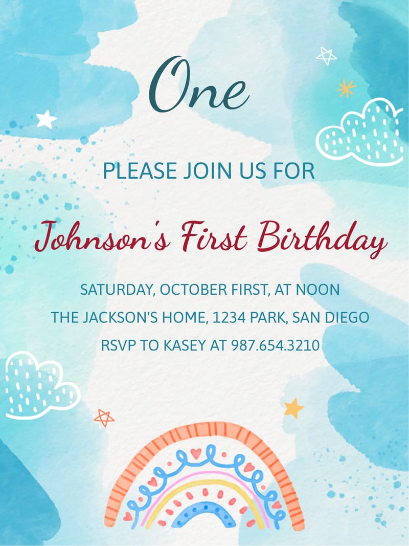 First birthday invitation with watercolor blue background, boho rainbow, clouds, and stars.