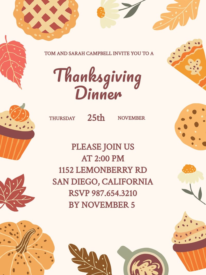 Thanksgiving dinner invitation with fall leaves, pies, cupcakes, and burgundy text on cream background.