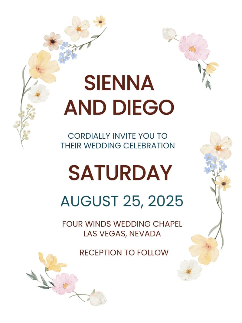 Pastel watercolor wildflower wreath wedding invitation with brown and teal typography.