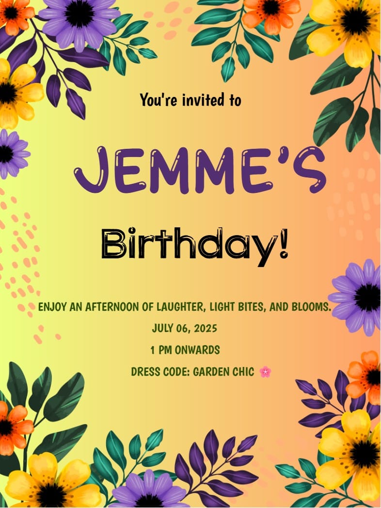 Birthday invitation with purple and yellow flowers, gradient background, and bold purple name text.