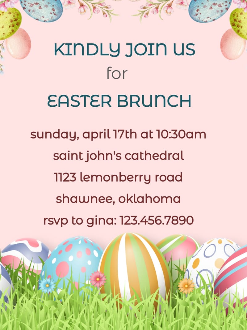 Pink Easter brunch invitation with decorated eggs, cherry blossoms, and teal text.
