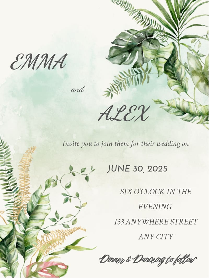 Wedding invitation with tropical monstera leaves, ferns, and calligraphy on cream background.